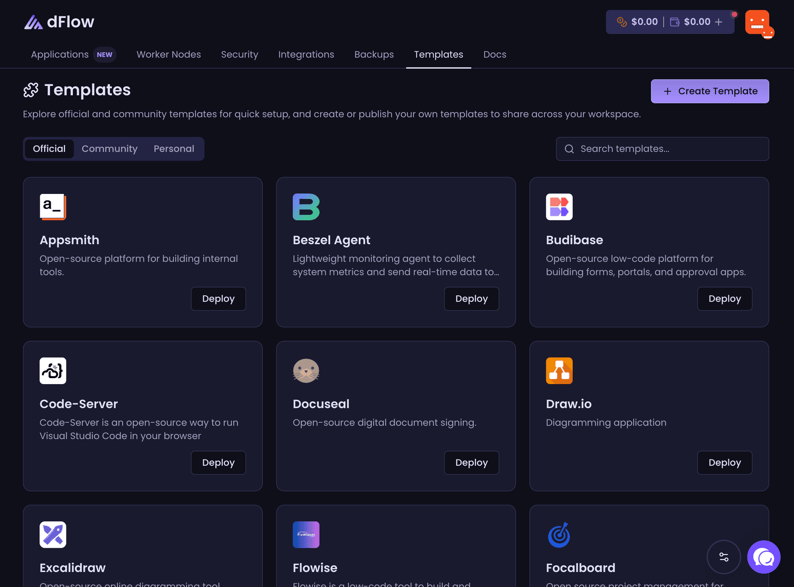 dFlow template library: Official, Community, and Personal tabs with a Deploy from template card