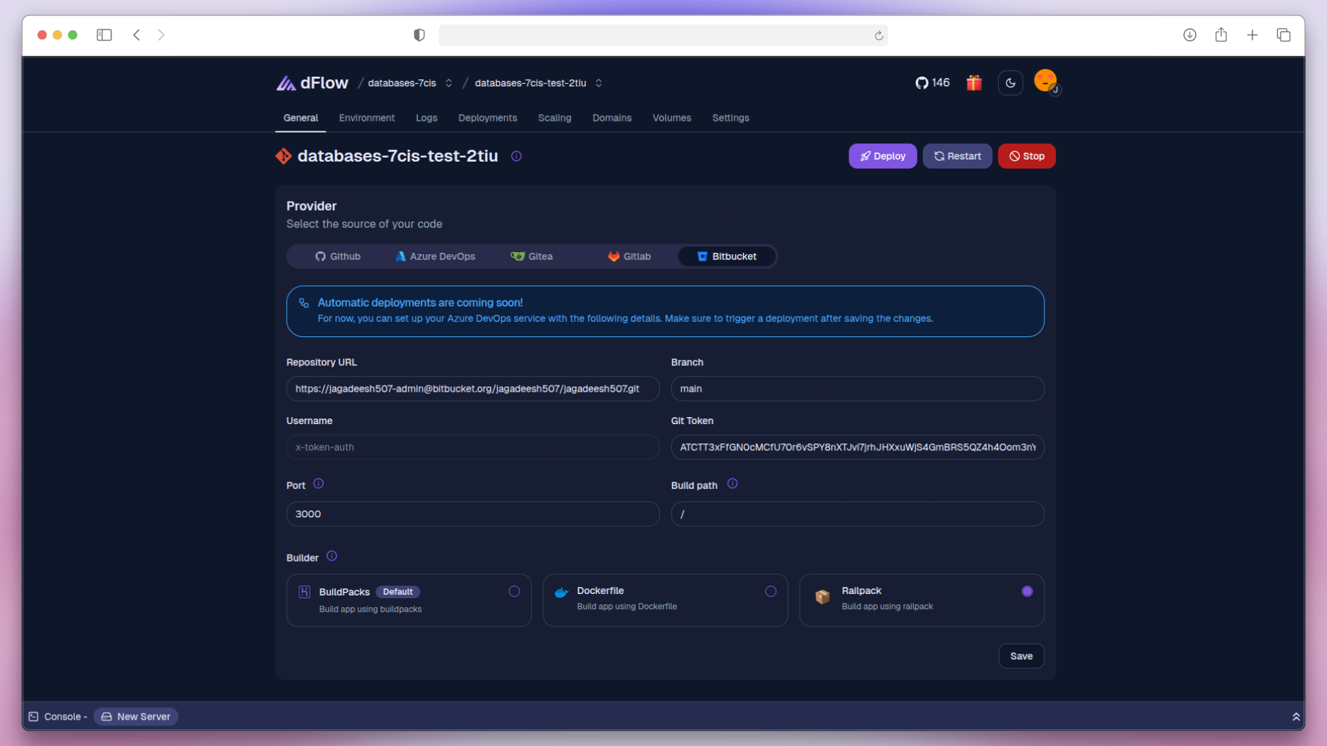 bitbucket App setup in dFlow
